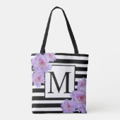 Monogram Pink Peony Blume Black Strip Tote Beutel Tasche (Rückseite)