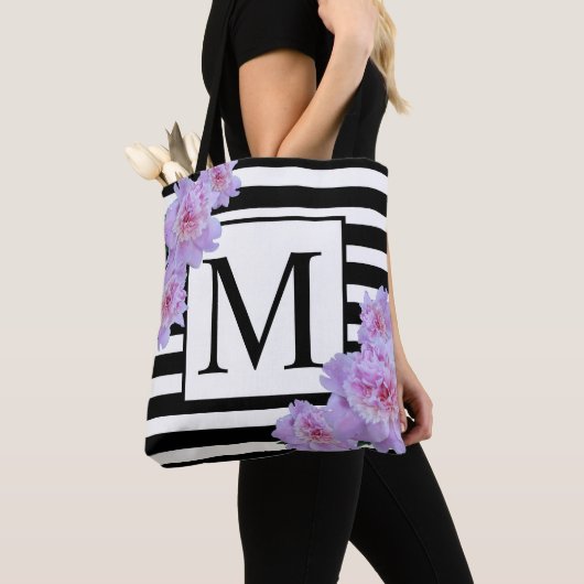 Monogram Pink Peony Blume Black Strip Tote Beutel Tasche (Von Nahem)