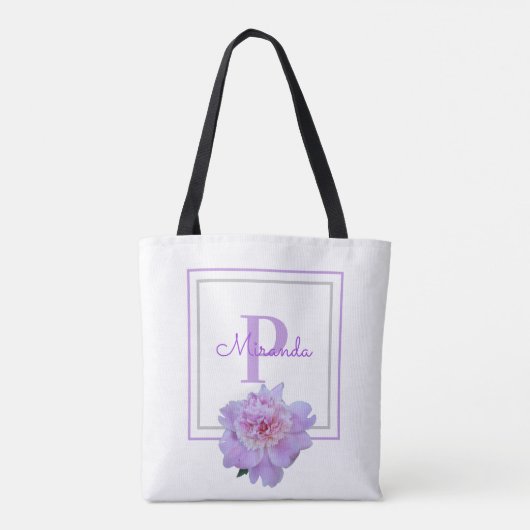 Monogram Pink Peony Blumen Double Gerahmt Blue Tasche (Rückseite)