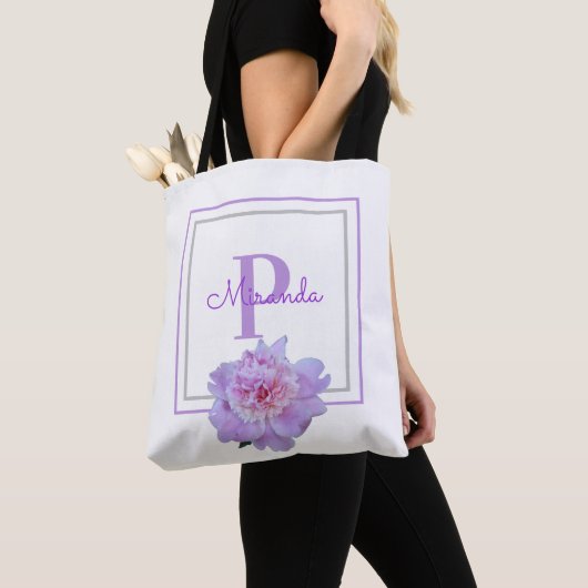 Monogram Pink Peony Blumen Double Gerahmt Blue Tasche (Von Nahem)