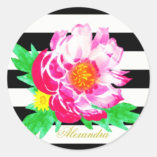 Monogram Pink Peony on Black & White Round Aufkleb Runder Aufkleber (Vorderseite)