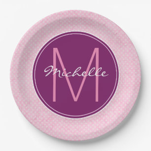 Monogram Pink Polka Dots Pappteller