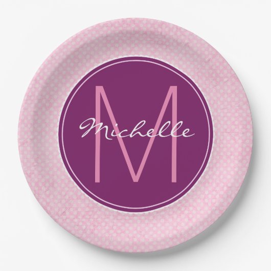 Monogram Pink Polka Dots Pappteller (Vorderseite)