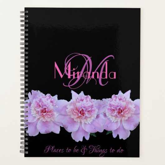 Monogram Pink Purple Peonies Chic Retro Typography Planer (Vorderseite)
