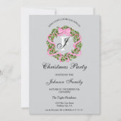 Monogram Pink Ribbon Wreath Weihnachtsessen Party Einladung (Vorderseite)
