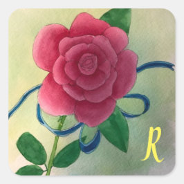 Monogram Pink Rose Blue Ribbon Wasserfarbe Aufkleb Quadratischer Aufkleber