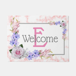 Monogram Pink Rose Bouquet Willkommen Fußmatte