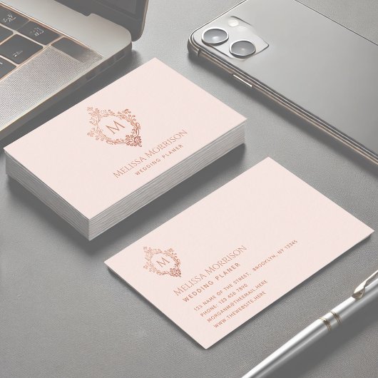 Monogram Pink Rose Gold Wappen Initial Elegant Visitenkarte