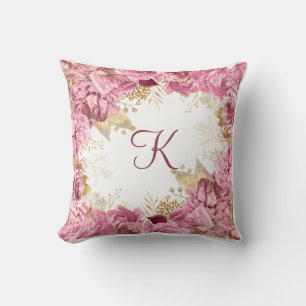 Monogram Pink Roses Gold Elegante Flora Kissen