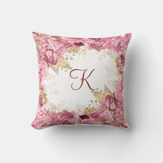 Monogram Pink Roses Gold Elegante Flora Kissen (Vorderseite)