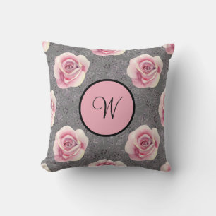 Monogram Pink Roses Grey Background Kissen