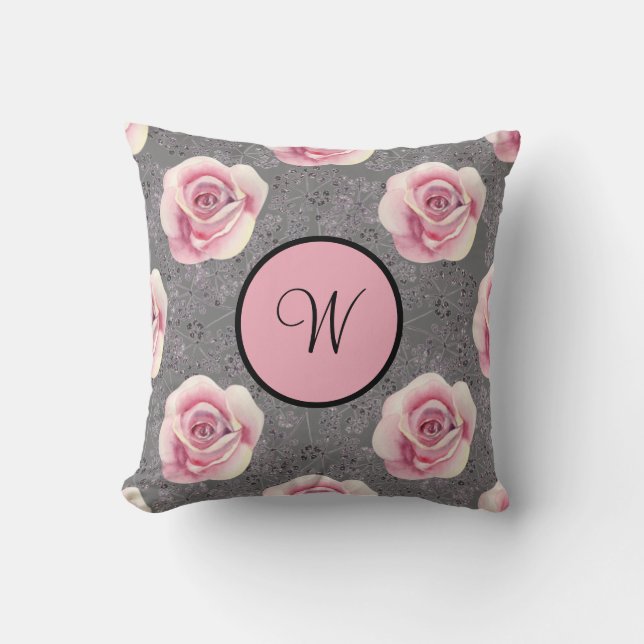 Monogram Pink Roses Grey Background Kissen (Vorderseite)