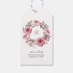 Monogram Pink Roses Grüne Wasserfarbenhochzeit Geschenkanhänger