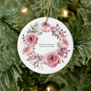 Monogram Pink Roses Grüne Wasserfarbenhochzeit Keramik Ornament