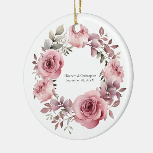 Monogram Pink Roses Grüne Wasserfarbenhochzeit Keramik Ornament (Links)