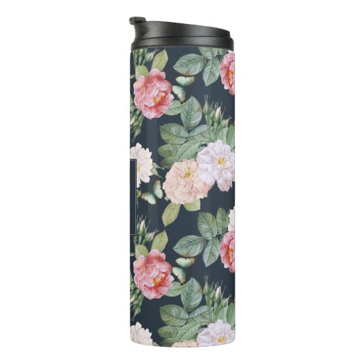 Monogram Pink Roses Schmetterlinge Custom Dark Gra Thermosbecher (Nach rechts gedreht)