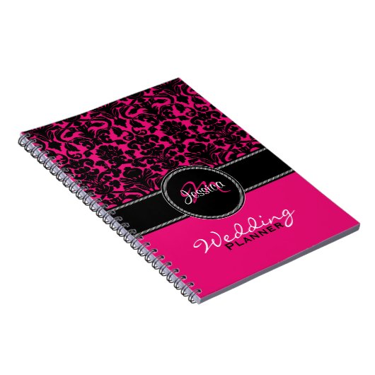 Monogram Pink Schwarz-weiß Damask Hochzeitsplaner Notizblock (Rechte Seite)