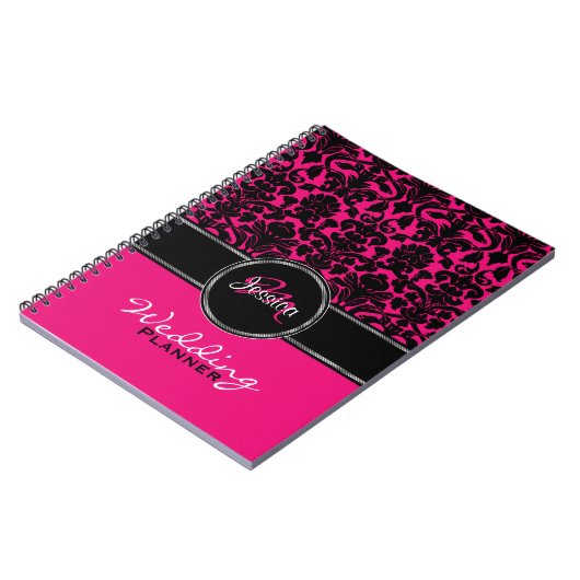 Monogram Pink Schwarz-weiß Damask Hochzeitsplaner Notizblock (Linke Seite)