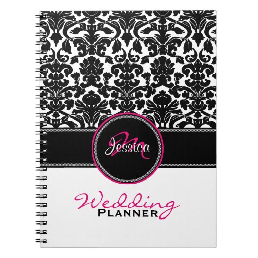 Monogram Pink Schwarz-weiß Damask Hochzeitsplaner Notizblock (Vorderseite)