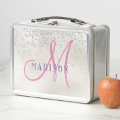 Monogram Pink Script Girl's Silver Pearl Glitter Metall Brotdose (Beispiel)