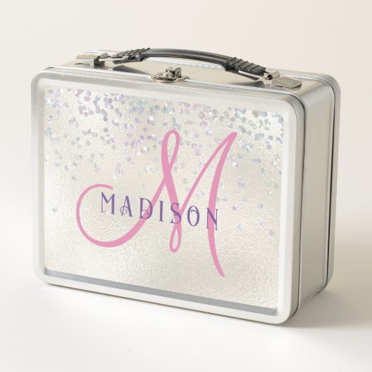 Monogram Pink Script Girl's Silver Pearl Glitter Metall Brotdose (Vorderseite)