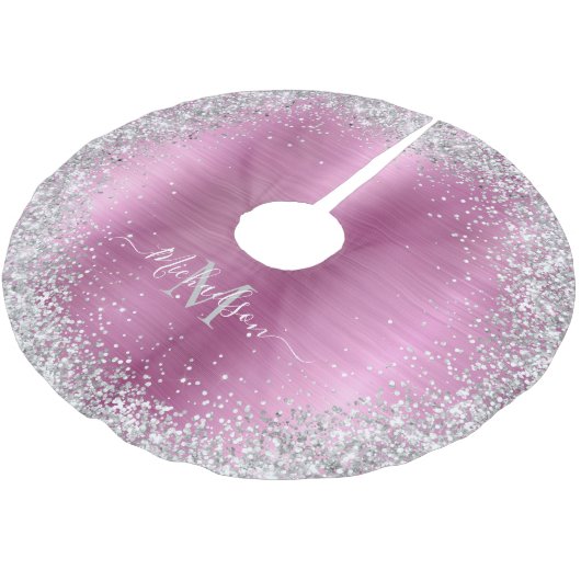 Monogram Pink Silver Glitzer Girly Glam Polyester Weihnachtsbaumdecke (Schrägansicht)