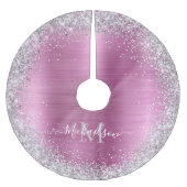 Monogram Pink Silver Glitzer Girly Glam Polyester Weihnachtsbaumdecke (Vorderseite)