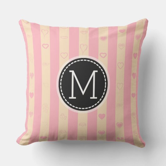 Monogram Pink Stripes Modernes Herzmuster Kissen (Vorderseite)