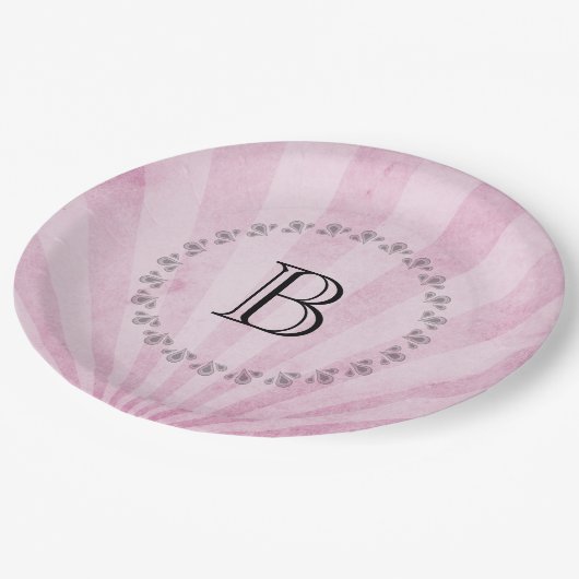 Monogram Pink Sunray Shabby Texture Pappteller (Schrägansicht)