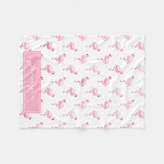 Monogram Pink Tropical Flamingo Muster auf Weiß Fleecedecke (Vorderseite (Horizontal))