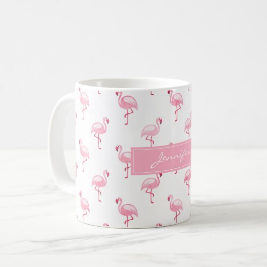 Monogram Pink Tropical Flamingo Muster auf Weiß Kaffeetasse (Vorderseite Links)