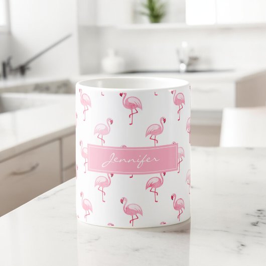 Monogram Pink Tropical Flamingo Muster auf Weiß Kaffeetasse