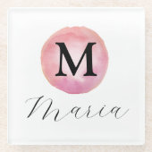 Monogram Pink Watercolor Elegant Glasuntersetzer (Vorderseite)