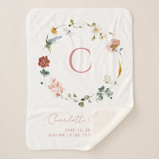 Monogram Pink Watercolor Floral Girl Birth Stats Sherpadecke (Vorderseite)