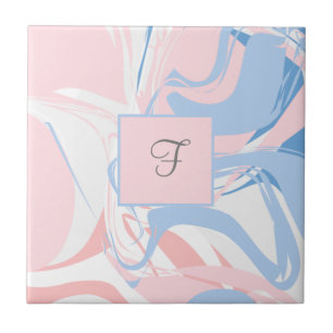 Monogram Pink White Blue Marble Swirl Abstrakt Fliese