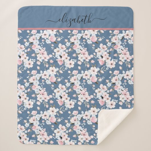 Monogram Pink White Dark Blue Floral Blume Sherpadecke (Vorderseite)