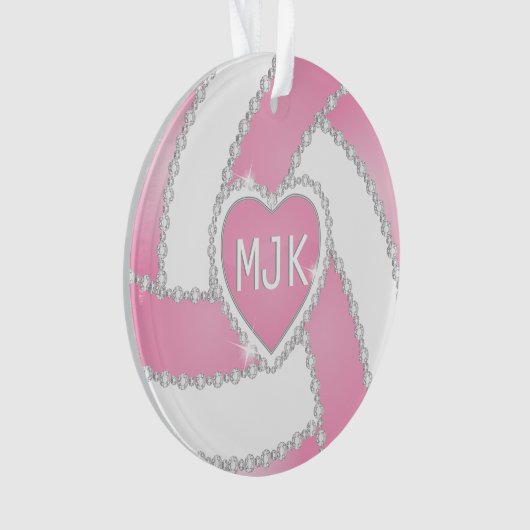 Monogram Pink & White Diamond Volleyball Ornament (Vorderseite)