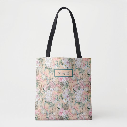 Monogram Pink White Floral Boho Eukalyptus Print Tasche (Vorderseite)