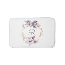 Monogram Pink White Magnolias Bird Gold Frame Badematte