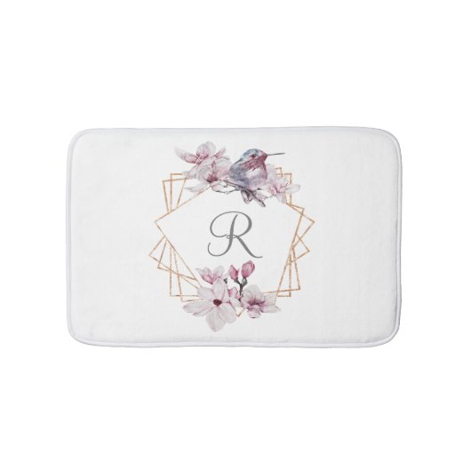 Monogram Pink White Magnolias Bird Gold Frame Badematte (Vorderseite)