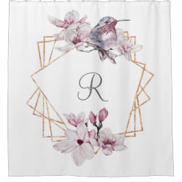 Monogram Pink White Magnolias Bird Gold Frame Duschvorhang