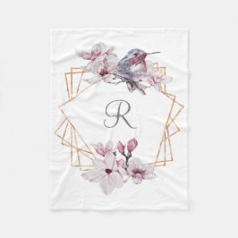 Monogram Pink White Magnolias Bird Gold Frame Fleecedecke
