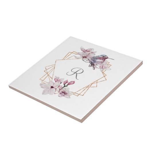 Monogram Pink White Magnolias Bird Gold Frame Fliese (Seite)