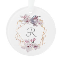 Monogram Pink White Magnolias Bird Gold Frame