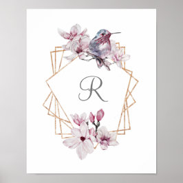 Monogram Pink White Magnolias Bird Gold Frame Poster