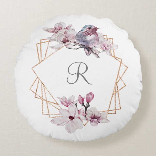 Monogram Pink White Magnolias Bird Gold Frame Rundes Kissen (Vorderseite)