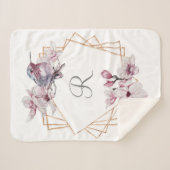 Monogram Pink White Magnolias Bird Gold Frame Sherpadecke (Vorderseite (Horizontal))