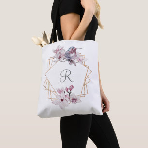 Monogram Pink White Magnolias Bird Gold Frame Tasche