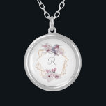 Monogram Pink White Magnolias Bird Gold Frame Versilberte Kette<br><div class="desc">Die eleganten,  rosa,  weiß und grau goldfarbenen Rahmen mit magnolischer Halskette mit Ihrem ersten Moment personalisieren. Elegant und hübsch.</div>