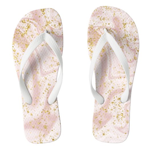 Monogram Pink White Marble Swirl Gold Glitzer Badesandalen (Fußbett)